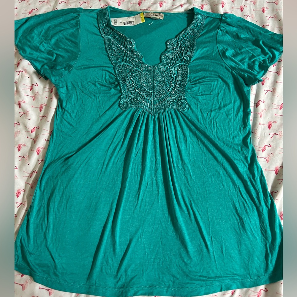 teal flowy embroidered blouse with scalloped neckline and short sleeves